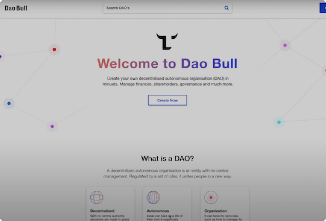 EOSIO Hackathon - Beyond Blockchain - daobull - A decentralized application, designed to allow its users to create their own DAO’s in just minutes to manage financials, shareholders, governance & community engagement.
